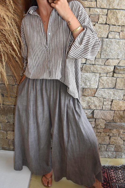 Sundaze Cheesecloth Chalk Stripe Boyfriend Shirt Mocha & White